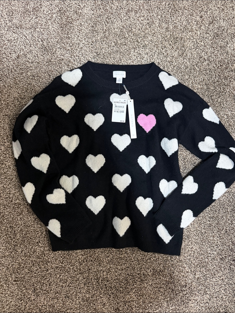 Caslon Black Crewneck Sweater with White Heart Pattern and Pink Heart Accent